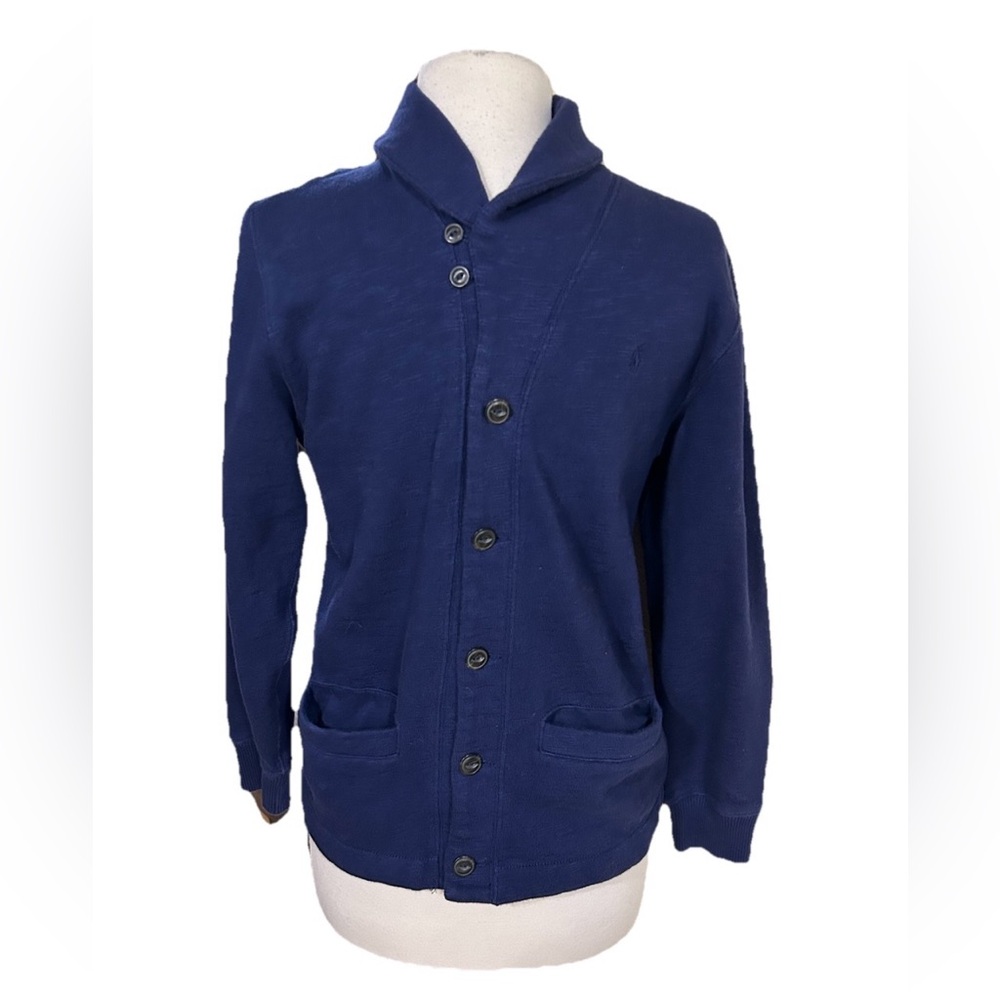 Polo Ralph Lauren Cardigan Boy L Blue Shawl Collar Fisherman Sweater Grandpacore